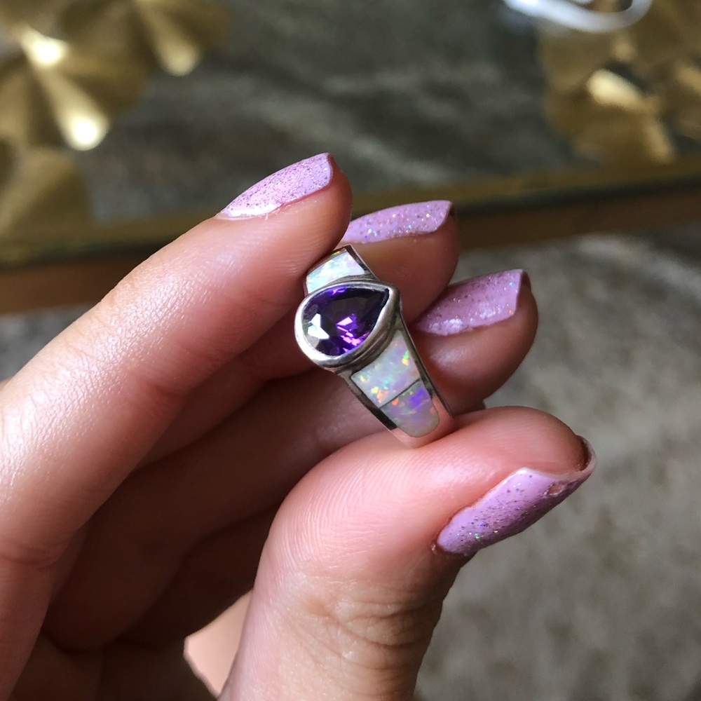 Amethyst, Opal and Sterling Silver Ring. Size 7